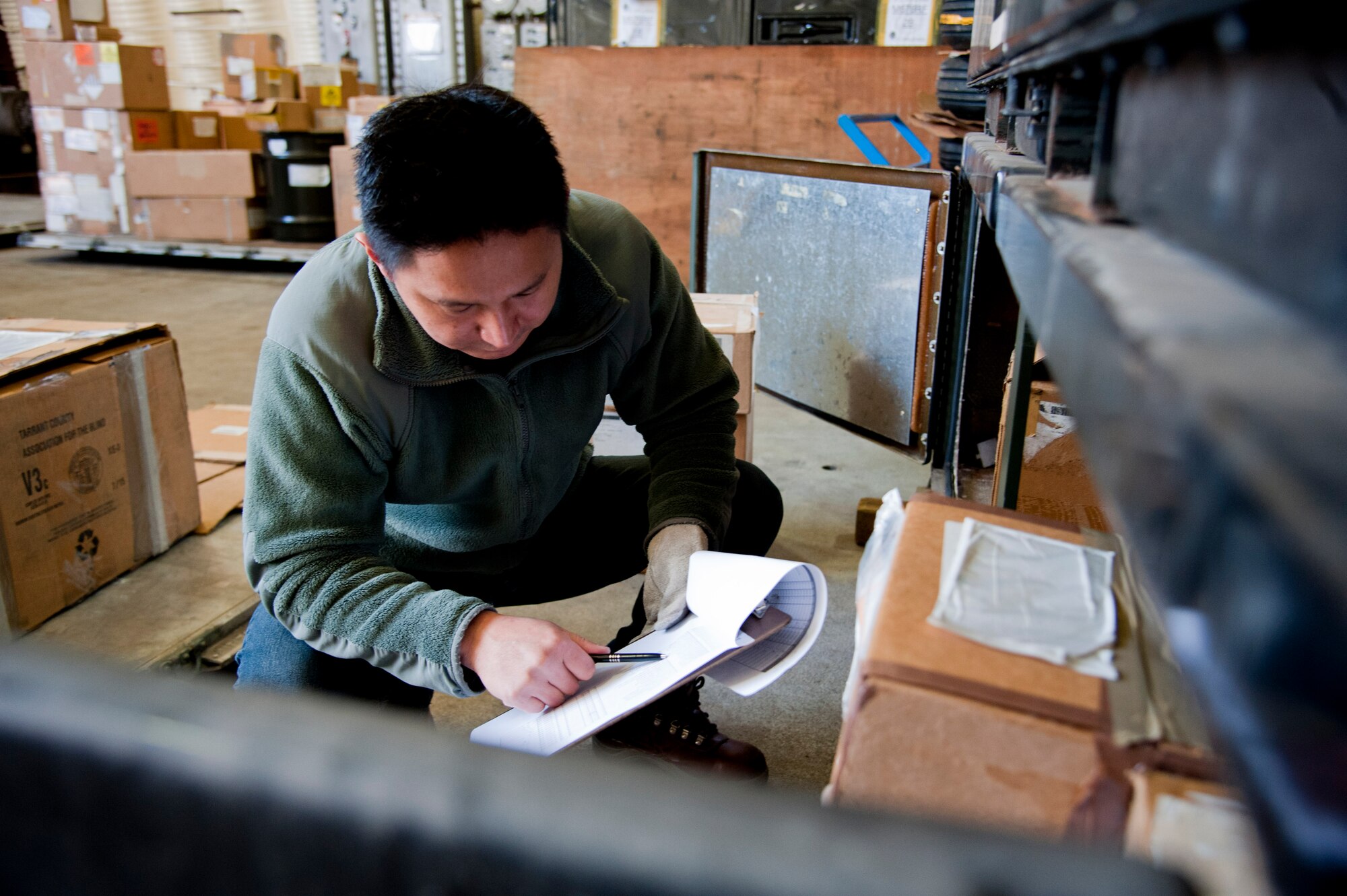 Choe, Sung Uk, 51st Logistics Readiness Squadron supply technician, inventories readiness spare packages at the aircraft parts store on Osan Air Base, Republic of Korea, Nov. 16, 2016. The store is a central location on the flightline that aircraft maintainers can get parts to ensure aircraft are fully mission capable. (U.S. Air Force photo by Staff Sgt. Jonathan Steffen)