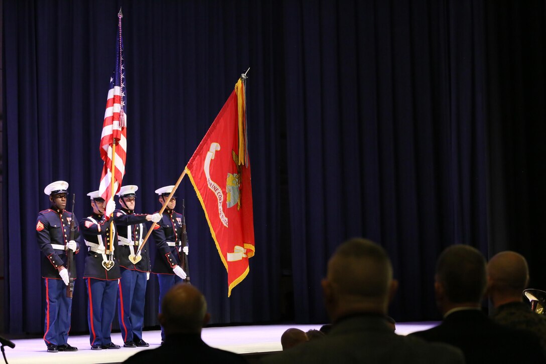 A Marine color guard presents the colors at the annual Historic Uniform Pageant aboard Marine Corps Air Station Cherry Point, N.C., Nov. 4, 2016. The pageant is held to honor the Marine Corps’ birthday, and features Marines wearing uniforms from all major conflicts the Marine Corps has fought in. The pageant also included a traditional cake-cutting ceremony in celebration of the Marine Corps’ 241st Birthday. (U.S. Marine Corps photo by Lance Cpl. Mackenzie Gibson/Released)