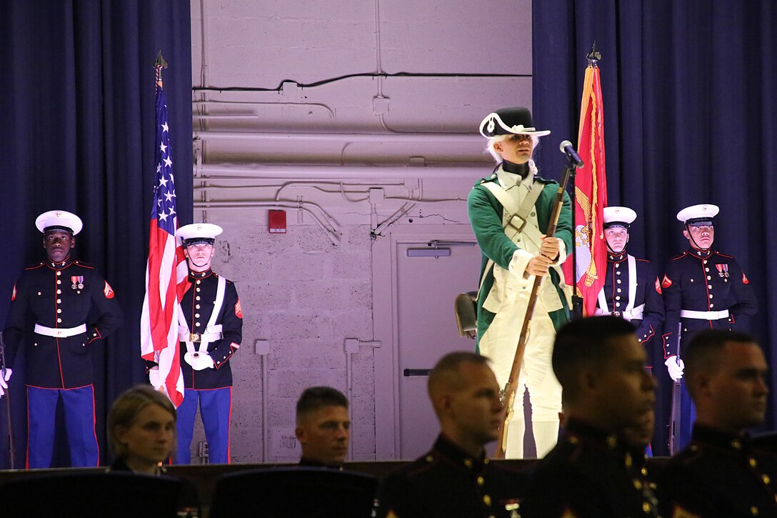 Pfc. Jorge Eufracio represents a Marine in the Revolutionary War during the annual Historic Uniform Pageant aboard Marine Corps Air Station Cherry Point, N.C., Nov. 4, 2016. The pageant is held to honor the Marine Corps’ birthday and features Marines wearing uniforms from all major conflicts the Marine Corps has fought in. The pageant depicts the Corps’ long illustrious history throughout decades of warfighting. The pageant also included a traditional cake-cutting ceremony representing the passing of traditions from the eldest Marine to the youngest. (U.S. Marine Corps photo by Lance Cpl. Mackenzie Gibson/Released)