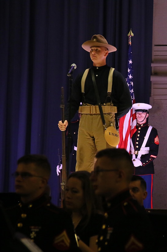 Pfc. Jacob Bessarab represents a Marine in the Spanish-American War during the annual Historic Uniform Pageant aboard Marine Corps Air Station Cherry Point, N.C., Nov. 4, 2016. The pageant is held to honor the Marine Corps’ birthday and features Marines wearing uniforms from all major conflicts the Marine Corps has fought in. The pageant depicts the Corps’ long illustrious history throughout decades of warfighting. The pageant also included a traditional cake-cutting ceremony representing the passing of traditions from the eldest Marine to the youngest. (U.S. Marine Corps photo by Lance Cpl. Mackenzie Gibson/Released)