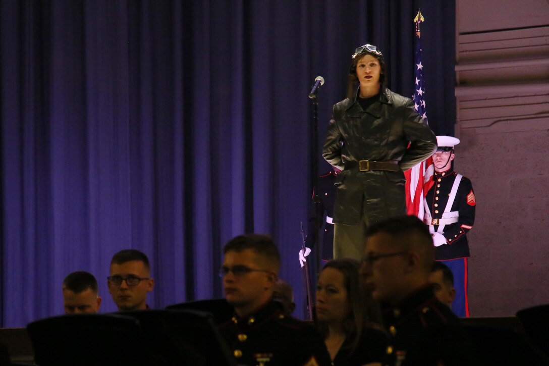 Lance Cpl. Sean Weaver represents 2nd Lt. Alfred A. Cunningham, the first Marine Corps aviator, during the annual Historic Uniform Pageant aboard Marine Corps Air Station Cherry Point, N.C., Nov. 4, 2016. The pageant is held to honor the Marine Corps’ birthday and features Marines wearing uniforms from all major conflicts the Marine Corps has fought in. The pageant depicts the Corps’ long illustrious history throughout decades of warfighting. The pageant also included a traditional cake-cutting ceremony representing the passing of traditions from the eldest Marine to the youngest. (U.S. Marine Corps photo by Lance Cpl. Mackenzie Gibson/Released)
