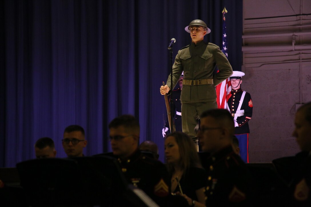 Pfc. Richard Nagel represents a Marine in World War I during the annual Historic Uniform Pageant aboard Marine Corps Air Station Cherry Point, N.C., Nov. 4, 2016. The pageant is held to honor the Marine Corps’ birthday and features Marines wearing uniforms from all major conflicts the Marine Corps has fought in. The pageant depicts the Corps’ long illustrious history throughout decades of warfighting. The pageant also included a traditional cake-cutting ceremony representing the passing of traditions from the eldest Marine to the youngest. (U.S. Marine Corps photo by Lance Cpl. Mackenzie Gibson/Released)