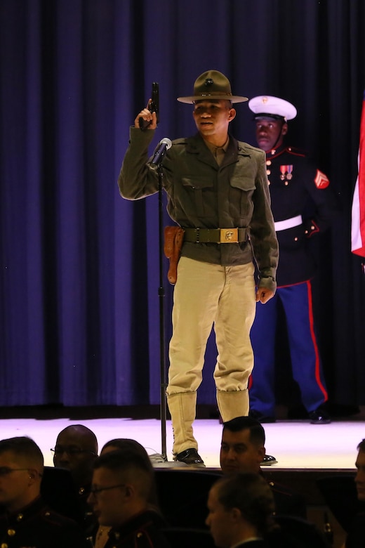Lance Cpl. Antonio Phillips represents a Marine in the Banana Wars during the annual Historic Uniform Pageant aboard Marine Corps Air Station Cherry Point, N.C., Nov. 4, 2016. The pageant is held to honor the Marine Corps’ birthday and features Marines wearing uniforms from all major conflicts the Marine Corps has fought in. The pageant depicts the Corps’ long illustrious history throughout decades of warfighting. The pageant also included a traditional cake-cutting ceremony representing the passing of traditions from the eldest Marine to the youngest. (U.S. Marine Corps photo by Lance Cpl. Mackenzie Gibson/Released)
