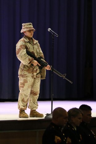 Pvt. Arlette Hernandez represents a Marine in Operations Desert Shield and Desert Storm during the annual Historic Uniform Pageant aboard Marine Corps Air Station Cherry Point, N.C., Nov. 4, 2016. The pageant is held to honor the Marine Corps’ birthday and features Marines wearing uniforms from all major conflicts the Marine Corps has fought in. The pageant depicts the Corps’ long illustrious history throughout decades of warfighting. The pageant also included a traditional cake-cutting ceremony representing the passing of traditions from the eldest Marine to the youngest. (U.S. Marine Corps photo by Lance Cpl. Mackenzie Gibson/Released)