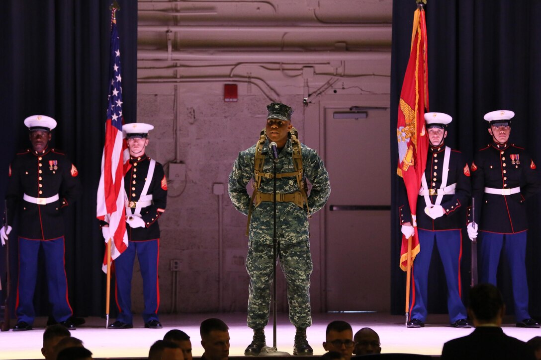 Petty Officer 3rd Class Andre Conway represents a Navy corpsman during the annual Historic Uniform Pageant aboard Marine Corps Air Station Cherry Point, N.C., Nov. 4, 2016. The pageant is held to honor the Marine Corps’ birthday and features Marines wearing uniforms from all major conflicts the Marine Corps has fought in. The pageant depicts the Corps’ long illustrious history throughout decades of warfighting. The pageant also included a traditional cake-cutting ceremony representing the passing of traditions from the eldest Marine to the youngest. (U.S. Marine Corps photo by Lance Cpl. Mackenzie Gibson/Released)