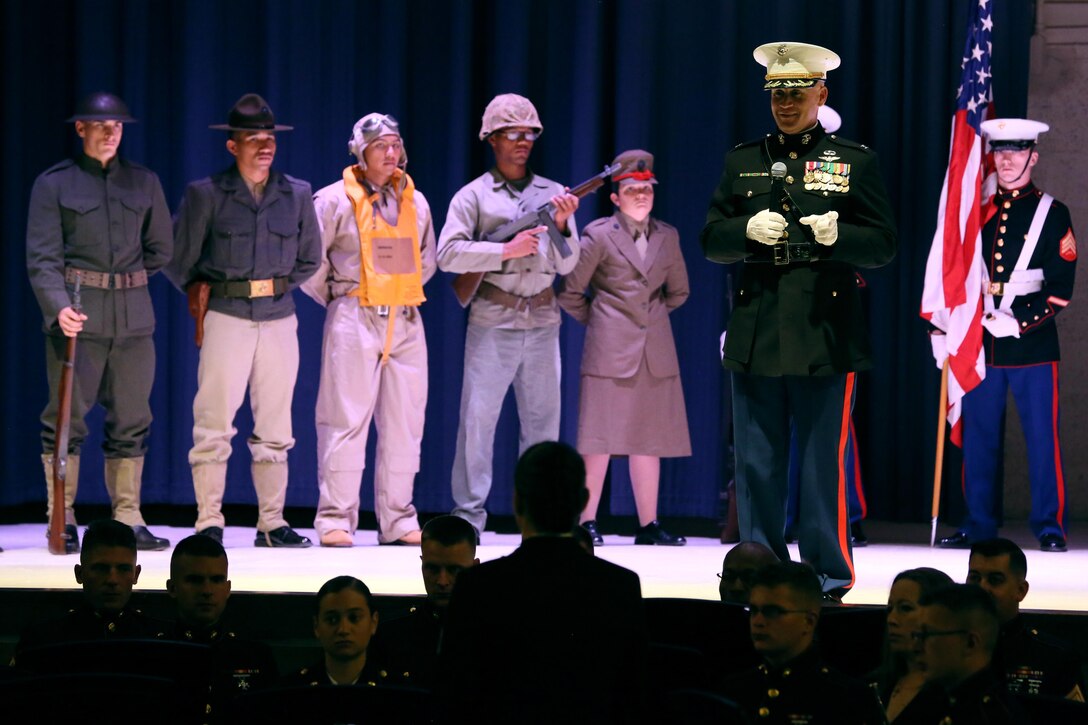 Col. Todd Ferry gives a few words during the annual Historic Uniform Pageant aboard Marine Corps Air Station Cherry Point, N.C., Nov. 4, 2016. The pageant is held to honor the Marine Corps’ birthday and features Marines wearing uniforms from all major conflicts the Marine Corps has fought in. The pageant depicts the Corps’ long illustrious history throughout decades of warfighting. The pageant also included a traditional cake-cutting ceremony representing the passing of traditions from the eldest Marine to the youngest. Ferry is the MCAS Cherry Point commanding officer. (U.S. Marine Corps photo by Lance Cpl. Mackenzie Gibson/Released)