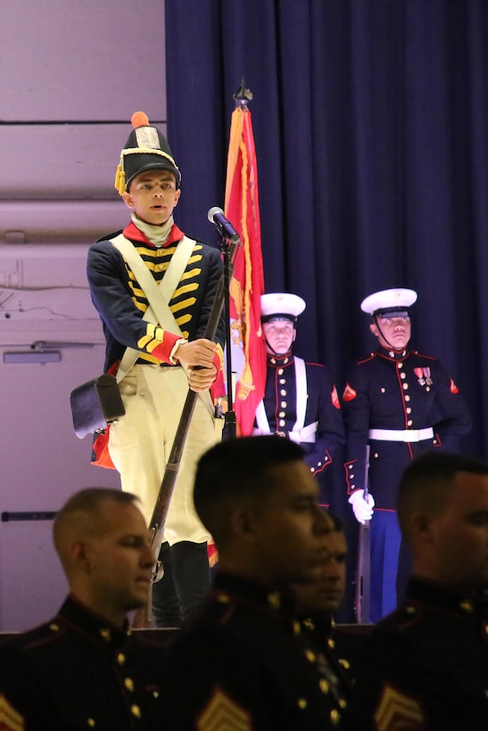 Pfc. Joshua Pollock represents a Marine in the War of 1812 during the annual Historic Uniform Pageant aboard Marine Corps Air Station Cherry Point, N.C., Nov. 4, 2016. The pageant is held to honor the Marine Corps’ birthday and features Marines wearing uniforms from all major conflicts the Marine Corps has fought in. The pageant depicts the Corps’ long illustrious history throughout decades of warfighting. The pageant also included a traditional cake-cutting ceremony representing the passing of traditions from the eldest Marine to the youngest. (U.S. Marine Corps photo by Lance Cpl. Mackenzie Gibson/Released)