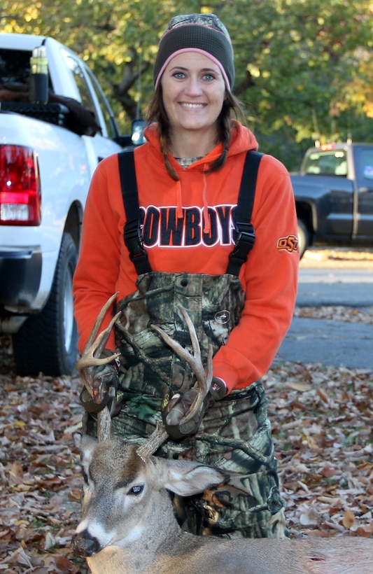 Jennifer Shultz with the buck she bagged during the disabled sportsman hunt at Oologah Lake. The annual hunt is sponsored by the Oklahoma Department of Wildlife Conservation.