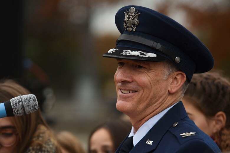 U.S. Air Force Col. Timothy Stretch, U.S. Air Forces Europe representative on behalf of the commander, speaking during the reopening ceremony of the Berlin Airlift Memorial outside Frankfurt International Airport, Germany, Nov. 22, 2016. The ceremony included retired U.S. Air Force Col. Gail Halvorsen, also known as the Candy Bomber, who dropped 23 tons of candy with makeshift parachutes from his C-54 Skymaster as part of the humanitarian supply mission. The Berlin Airlift, also known as Operation Vittles, delivered more than two million tons of food to the blockaded citizens of West Berlin between June 1948 and September 1949. (U.S. Air Force photo by Staff Sgt. Joe W. McFadden)