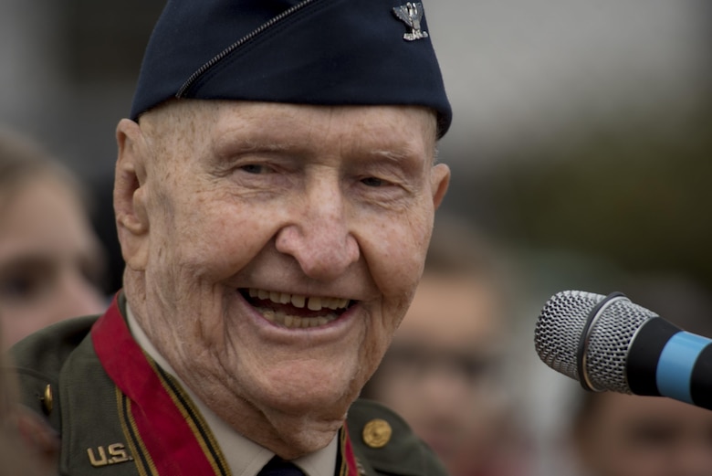 Retired U.S. Air Force Col. Gail Halvorsen, a C-52 Skymaster pilot also known as the Candy Bomber, speaks during a reopening ceremony of the Berlin Airlift Memorial outside Frankfurt International Airport, Germany, Nov. 22, 2016. Halvorsen and his fellow pilots dropped 23 tons of candy with makeshift parachutes from his C-54 as part of the Berlin Airlift, which delivered more than two million tons of food to the blockaded citizens of West Berlin between June 1948 and October 1949. (U.S. Air Force photo by Staff Sgt. Joe W. McFadden)