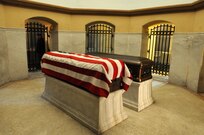 CLEVELAND (November 19, 2016) – The caskets of James A. Garfield, left, and his wife Lucretia  are in the crypt of the Garfield Memorial at Lake View Cemetery in Cleveland. The caskets are closed off to the public, but can be viewed through the gates that surround them.