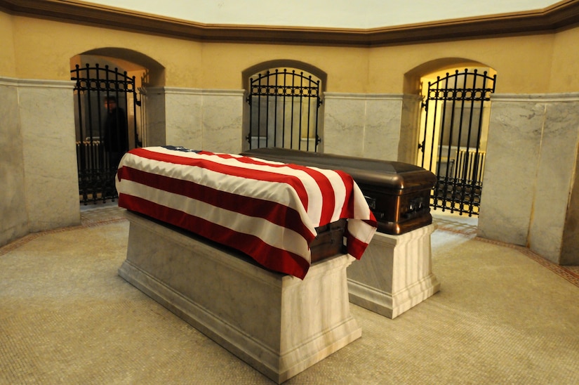 CLEVELAND (November 19, 2016) – The caskets of James A. Garfield, left, and his wife Lucretia  are in the crypt of the Garfield Memorial at Lake View Cemetery in Cleveland. The caskets are closed off to the public, but can be viewed through the gates that surround them.