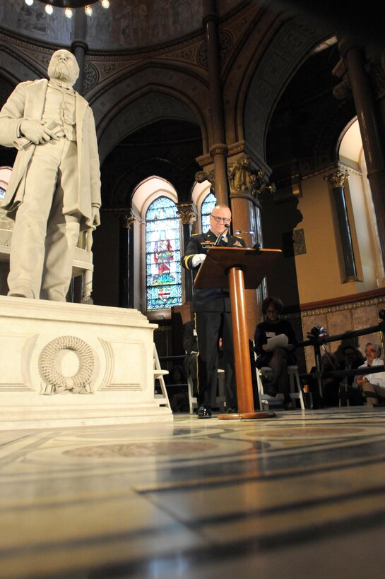 CLEVELAND (November 19, 2016) – Brigadier Gen. Stephen E. Strand, deputy commanding general for the 88th Regional Support Command and representing President Barack Obama, speaks to the gathered crowd during the James A. Garfield Wreath Laying Ceremony, November 19, in Cleveland. The ceremony marks what would have been the 185th birthday of the 20th President of the United States.