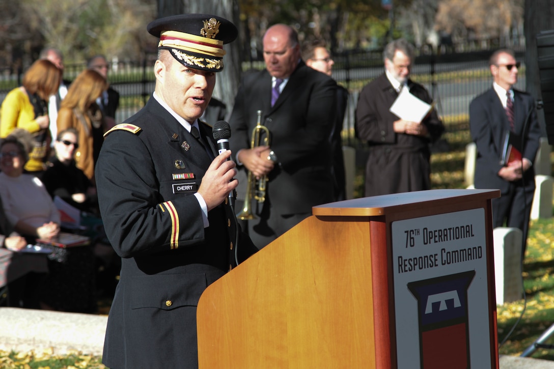 While most people celebrate Veteran’s Day weekend with families and friends, more than a hundred people came to Fort Douglas Military Cemetery November 13 to honor the 41 German prisoners of war (POW) who are buried here from both World Wars I and II.  
“Today I remember not only the 41 brave German Soldiers and Sailors laid to rest here from World Wars I and II but all those uniformed personnel and civilians who have made the ultimate sacrifice in armed conflict or were victims of violent oppression around the world.  I remember their sacrifice," said Col. Doug Cherry, 76th Division Operational Response chief of staff.