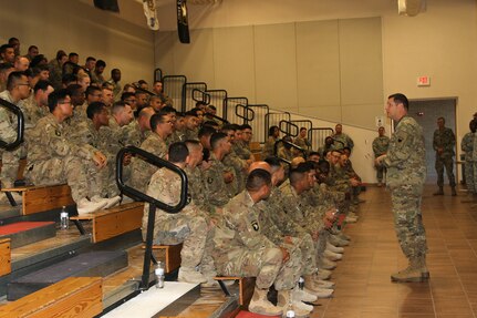 More than 100 Soldiers from the 369th Chemical Company based out of Fort Bliss, Texas, returned from a nine-month deployment to Kuwait November 14.  76th Division Operational Response Deputy Commanding General, Brig. Gen. James Blankenhorn, and Command Sgt. Maj. Michael Robinson, were on hand to welcome the Soldiers as they walked down from the chartered airplane.