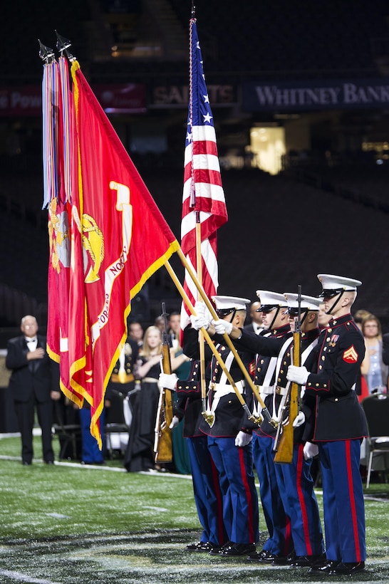 The Marine Forces Reserve color guard present the colors during the MARFORRES birthday ball at the Mercedes-Benz Superdome, Nov. 19, 2016. Each year, a ball is hosted to celebrate the birthday of the Corps and to remember Marines who have given the ultimate sacrifice. Since its establishment in 1775, the Marine Corps has fought and won our nation’s battles. (U.S. Marine Corps photo by Cpl. Melissa Martens/ Released)