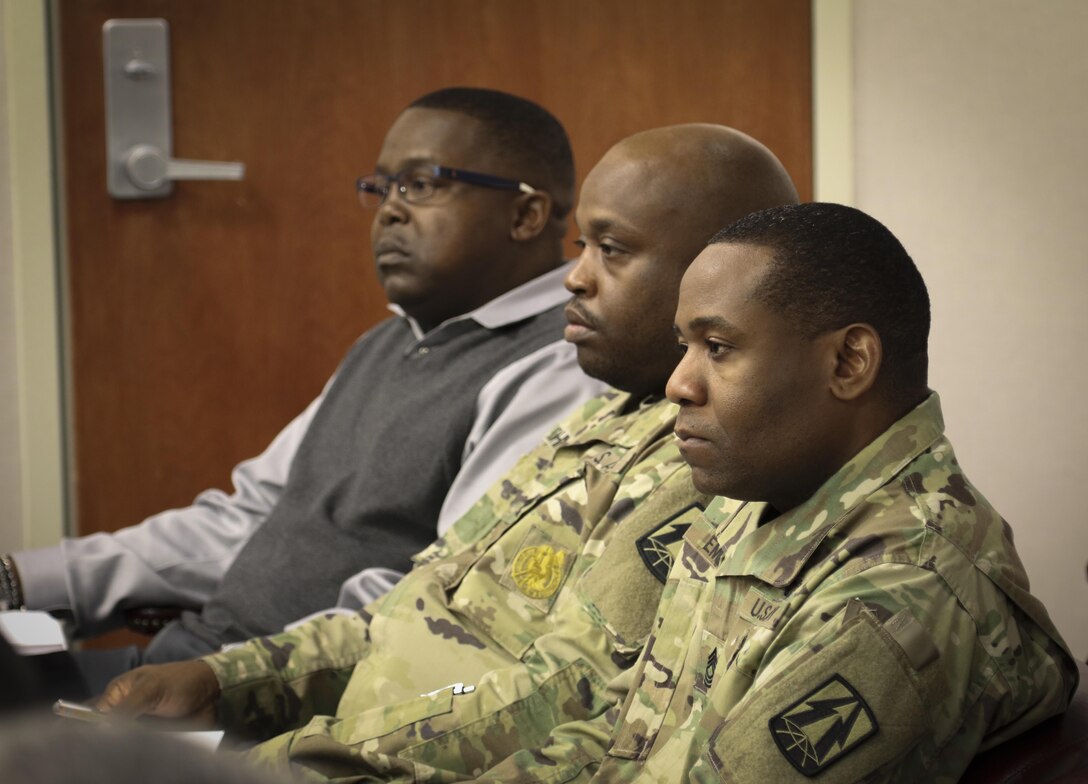 A group of Soldiers at the 335th Signal Command (Theater), listen intently to a guest speaker during a Substance Abuse Action Meeting held Nov. 21 at the unit headquarters in East Point, Georgia.  The meeting provided attendees with an opportunity for two-way communication and consultation with representatives from the Atlanta Veterans Affairs Medical Center and an Alcohol and Drug Control Officer from the 3rd Medical Command (Deployment Support).