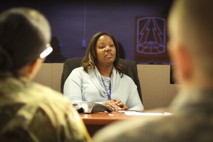 Mrs. Natasha Whitfield, PhD., a clinical psychologist with the Substance Abuse Treatment Program of the Atlanta Veterans Affairs Medical Center addresses a group of Soldiers and civilians at the 335th SC (T) headquarters Nov. 21, during a Substance Abuse Action Meeting.  The meeting provided attendees with an opportunity for two-way communication and consultation with representatives from the Atlanta Veterans Affairs Medical Center and an Alcohol and Drug Officer from the 3rd Medical Command (Deployment Support).