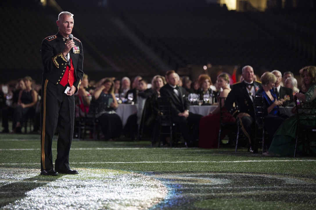 Lt. Gen. Rex C. McMillian, commander of Marine Forces Reserve and Marine Forces North , addresses the attendees of the MARFORRES birthday ball at the Mercedes-Benz Superdome, Nov. 19, 2016. Each year, a ball is hosted to celebrate the birthday of the Corps and to remember Marines who have given the ultimate sacrifice. Since its establishment in 1775, the Marine Corps has fought and won our nation’s battles. (U.S. Marine Corps photo by Cpl. Melissa Martens/ Released)