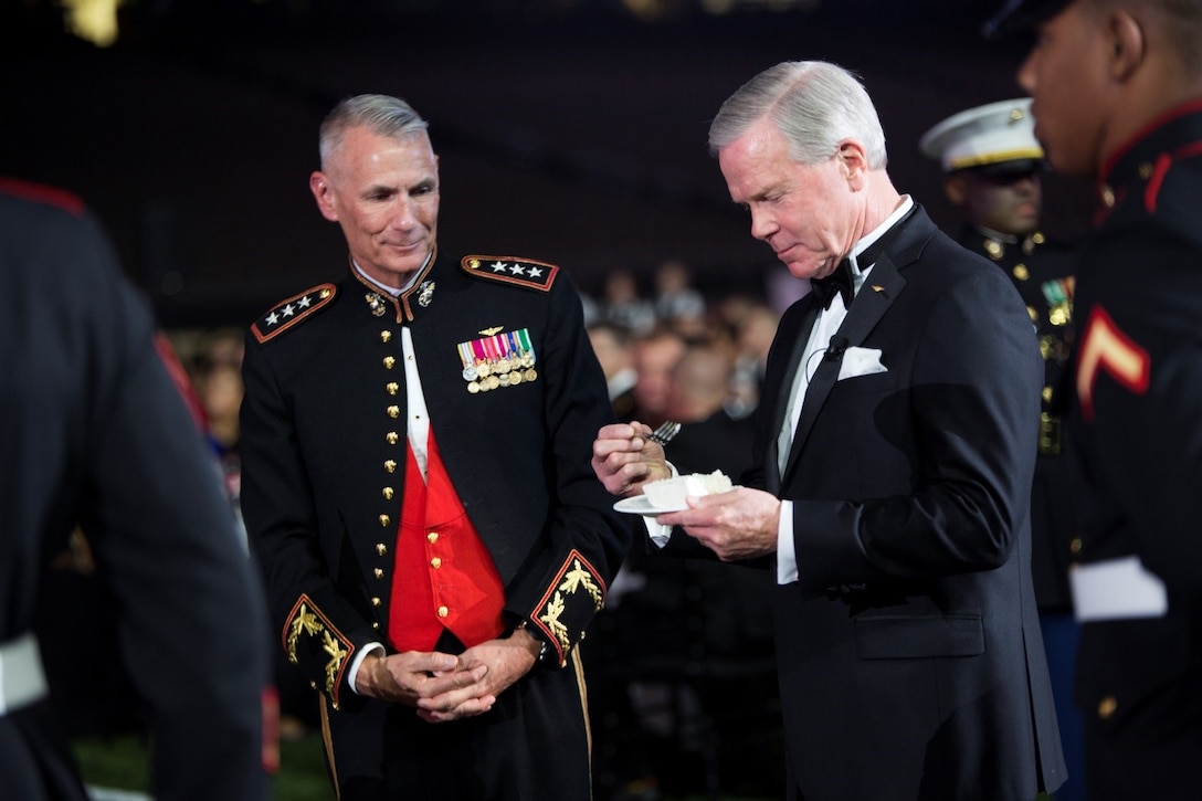 Guest of honor, retired Gen. James F. Amos, 35th Commandant of the Marine Corps, is presented the first slice of cake during the Marine Forces Reserve birthday ball at the Mercedes-Benz Superdome, Nov. 19, 2016. Each year, a ball is hosted to celebrate the birthday of the Corps and to remember Marines who have given the ultimate sacrifice. Since its establishment in 1775, the Marine Corps has fought and won our nation’s battles. (U.S. Marine Corps photo by Cpl. Melissa Martens/ Released)