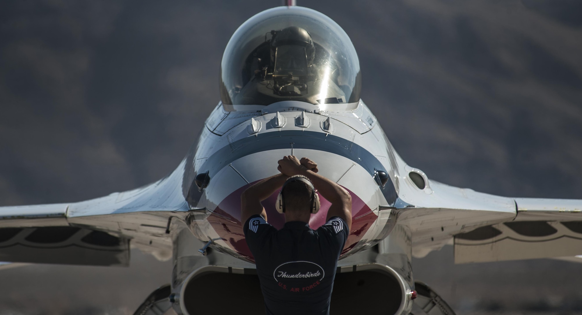 Members of the U.S. Air Force Thunderbirds Air Demonstration Squadron prepare for take-off during the Aviation Nation air show on Nellis Air Force Base, Nev., Nov. 11, 2016. The Thunderbirds perform precision aerial maneuvers demonstrating the capabilities of the Air Force’s high-performance aircraft to people throughout the world. (U.S. Air Force photo by Airman 1st Class Kevin Tanenbaum/Released)