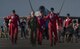 Brig. Gen. Jeannie Levitt, 57th Wing commander, walks with the U.S. Air Force Thunderbirds Air Demonstration Squadron pilots prior to flying with them during the Aviation Nation air show on Nellis Air Force Base, Nev., Nov. 11, 2016. Levitt became the first female USAF fighter pilot in 1993 and was the first woman to command a USAF combat fighter wing. (U.S. Air Force photo by Airman 1st Class Kevin Tanenbaum/Released)