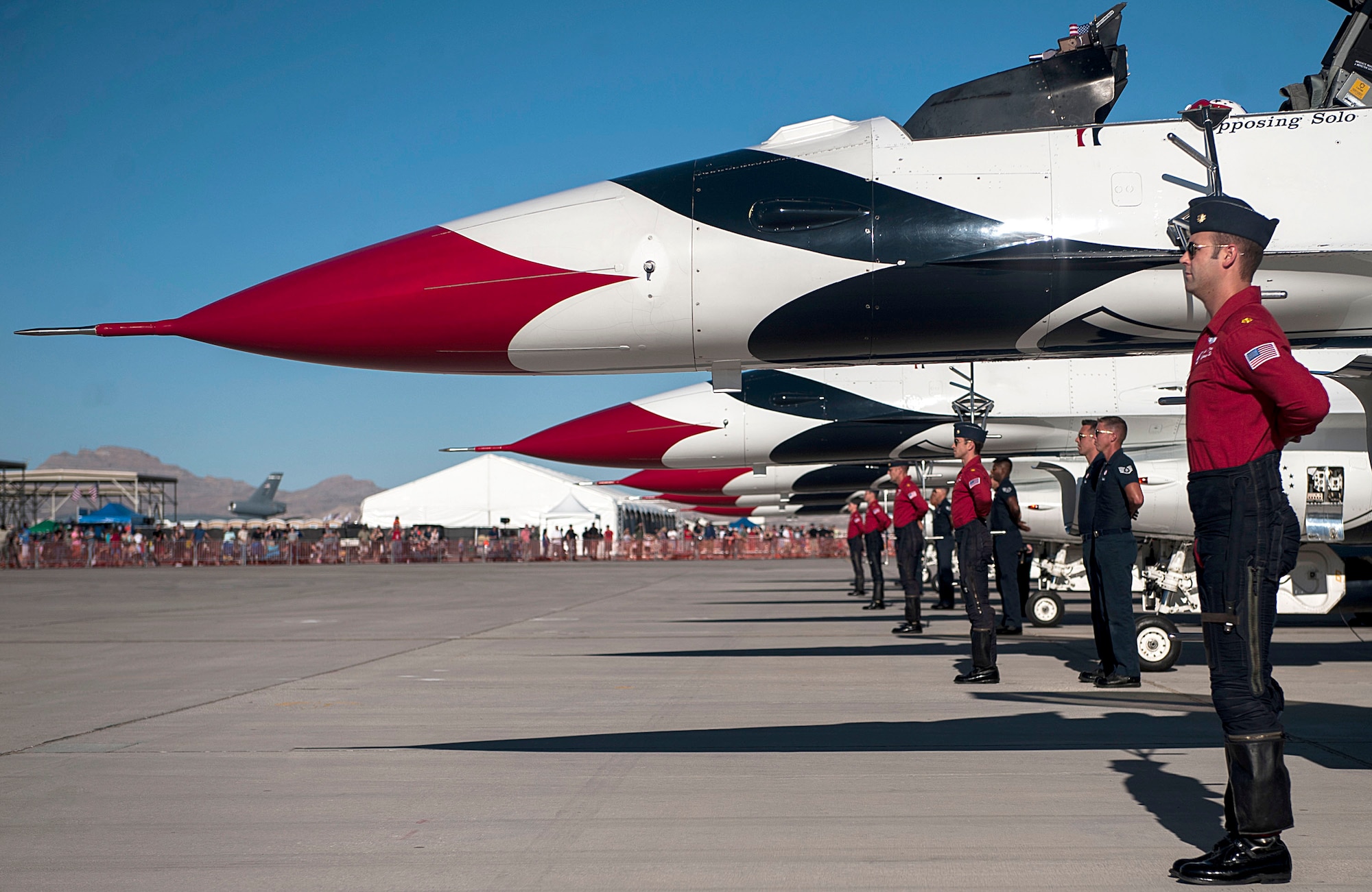 U.S. Air Force Thunderbird Air Demonstration Squadron pilots prepare for take-off during the Aviation Nation air show on Nellis Air Force Base, Nev., Nov. 11, 2016. More than 295,000 global spectators to the Las Vegas area for the two-day event. (U.S. Air Force photo by Airman 1st Class Kevin Tanenbaum/Released)