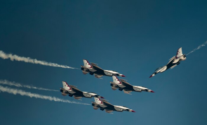 The U.S. Air Force Thunderbirds Air Demonstration Squadron performs in the last show of 2016 during the Aviation Nation air show on Nellis Air Force Base, Nev., Nov. 13, 2016. Aviation Nation hosted spectacular aerial demonstrations, static displays and featured the Air Force Thunderbirds.(U.S. Air Force photo by Airman 1st Class Kevin Tanenbaum/Released)