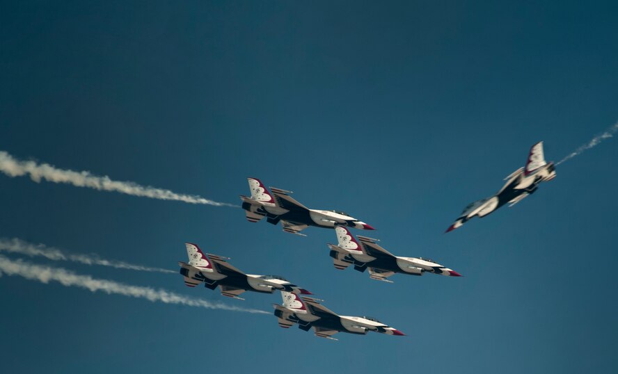The U.S. Air Force Thunderbirds Air Demonstration Squadron performs in the last show of 2016 during the Aviation Nation air show on Nellis Air Force Base, Nev., Nov. 13, 2016. Aviation Nation hosted spectacular aerial demonstrations, static displays and featured the Air Force Thunderbirds.(U.S. Air Force photo by Airman 1st Class Kevin Tanenbaum/Released)