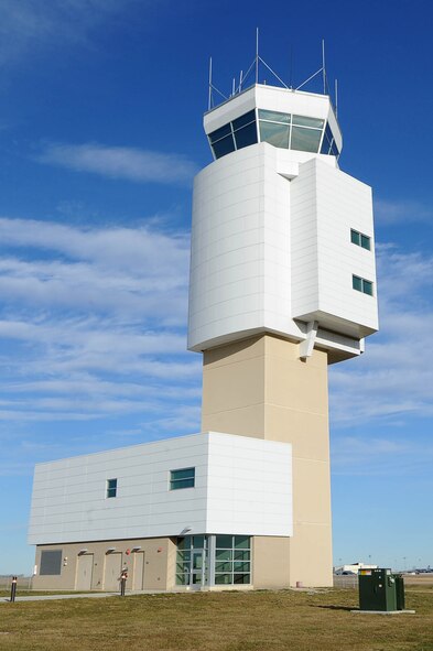 The air traffic control tower sits near the flight line at Minot Air Force Base, N.D., Nov. 15, 2016. Ensuring the safe flow of air traffic at Minot Air Force Base, N.D. is an essential component to securing the B-52H Stratofortresses’. Team Minot’s ATC tower also supports air traffic for the 91st Missile Wing’s UH-1N Hueys. (U.S. Air Force photo/Senior Airman Kristoffer Kaubisch)