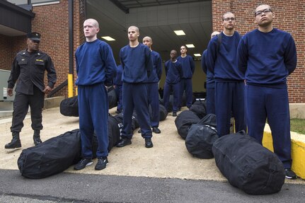 New Jersey Youth ChalleNGe Academy Class 45 candidates line up in formation to board a bus during in-processing at the Joint Military and Family Assistance Center at the National Guard Armory in Bordentown, N.J., Oct. 3, 2016. During the next two weeks of the 22-week program, the candidates will undergo an acclimation phase where they will adjust to the program’s physical, mental and social discipline. On Oct. 23, cadets around the country performed various acts of community service.