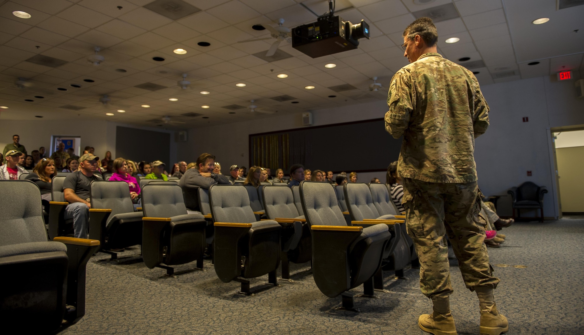 Col. Tom Palenske, commander of the 1st Special Operations Wing, briefs Air Commando spouses before a Spouses Flight tour at Hurlburt Field, Fla., Nov. 19, 2016. Spouses had the opportunity to fly in different 1st SOW aircraft including the AC-130J Ghostrider, CV-22 Osprey, AC-130U Spooky and U-28A. The event is designed to give spouses a better understanding of the importance of the 1st SOW mission. (U.S. Air Force photo by Airman 1st Class Isaac O. Guest IV)