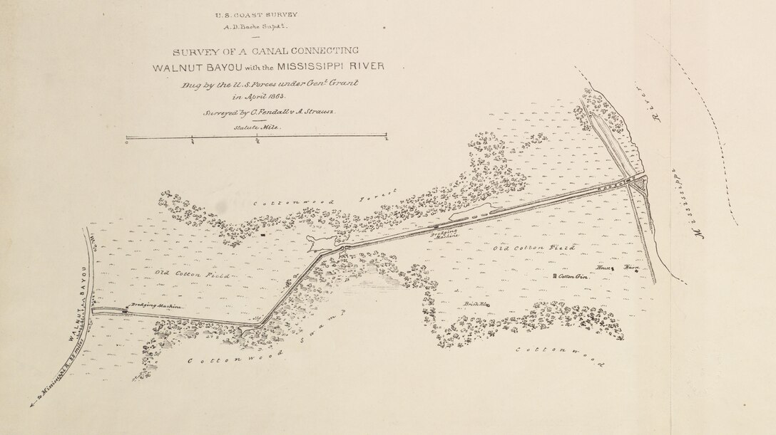 The Duckport Canal connecting Walnut Bayou with the Mississippi River was intended to open a water-borne supply route for Grant’s army. Like previous channel-digging efforts, the Duckport plan also failed as flood water receded. This Coastal Survey of the canal was produced in 1863 by the U.S. Coastal Survey.