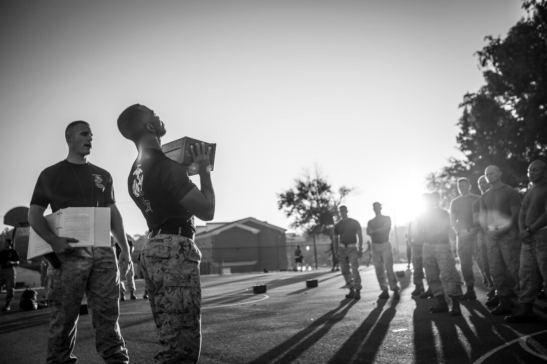 U.S. Marines perform a combat fitness test during the first Force Fitness Instructor Course aboard Marine Corps Base Quantico, VA., Oct. 4, 2016. The course is designed to produce Fitness Instructors to return to the fleet and maintain health and wellness while improving human performance. (U.S. Marine Corps photo by Sgt. Melissa Marnell) 