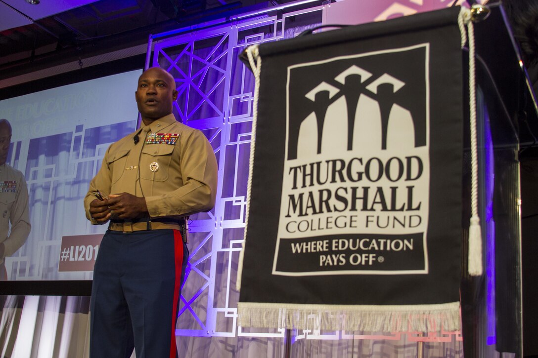 Colonel Anthony M. Henderson speaks to an audience at a morning plenary during the Thurgood Marshall College Fund Leadership Institute at the Washington Hilton, Nov. 21, 2016. Marines host events like workouts and workshops for the TMCF as a way to give back to the community and shape diverse young leaders. Hundreds of students from around the United States gather for the TMCF for the opportunity to learn from experienced men and women who rose from same cultural backgrounds. Henderson is the commanding officer for the 13th Marine Expeditionary Unit aboard Marine Corps Base Camp Pendleton, Calif.