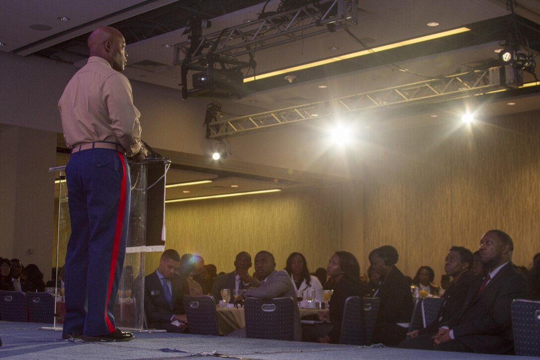 Colonel Anthony M. Henderson speaks to an audience at a morning plenary during the Thurgood Marshall College Fund Leadership Institute at the Washington Hilton, Nov. 21, 2016. Marines host events like workouts and workshops for the TMCF as a way to give back to the community and shape diverse young leaders. Hundreds of students from around the United States gather for the TMCF for the opportunity to learn from experienced men and women who rose from same cultural backgrounds. Henderson is the commanding officer for the 13th Marine Expeditionary Unit aboard Marine Corps Base Camp Pendleton, Calif.