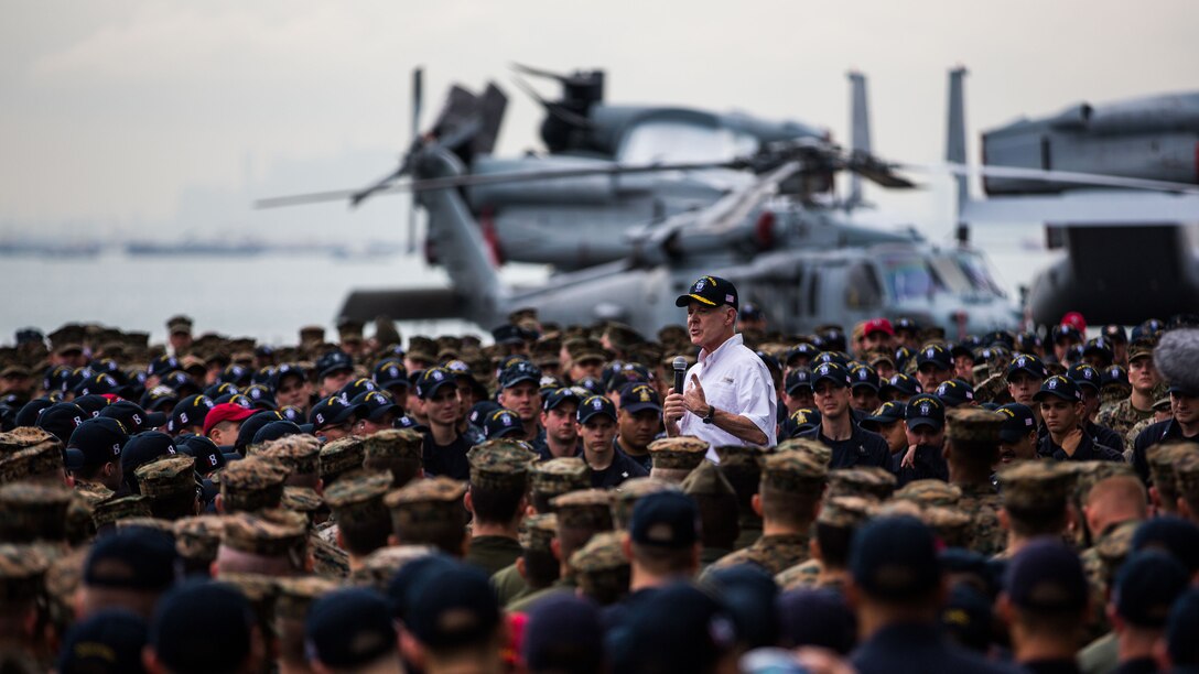 The Honorable Mr. Ray Mabus, The Secretary of the Navy, addresses Marines and Sailors with the Makin Island Amphibious Ready Group/11th Marine Expeditionary Unit during his visit aboard the USS Makin Island, moored at Changi Naval Base, Singapore, Nov. 22, 2016. During Mabus’ visit, he spoke to Marines and Sailors on the future of the Navy, observed shipboard procedures pulling out of port and met with ARG/MEU leadership to discuss their future operations in the Pacific and Central Commands’ areas of operation.