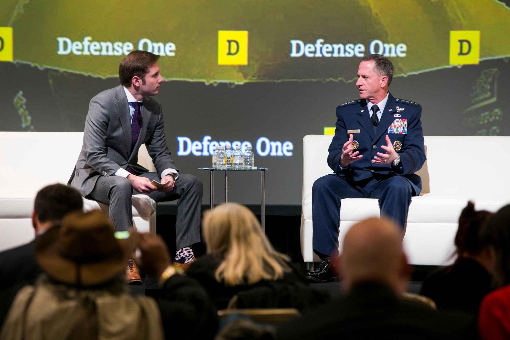 Defense One’s Marcus Weisgerber, left, speaks with Air Force Chief of Staff Gen. David L. Goldfein about multidomain warfare at the Defense One Summit in Washington D.C., Nov. 17, 2016. (Courtesy photo)