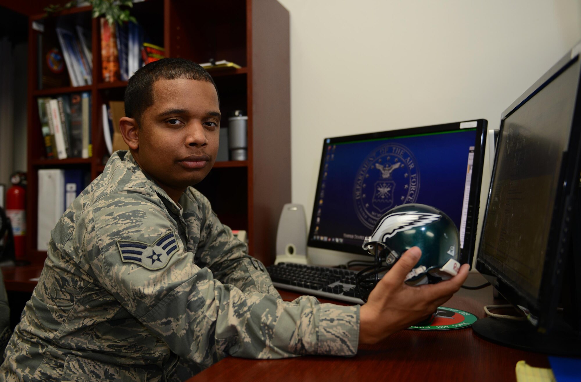 Senior Airman Isiah Williams, 85th Flying Training Squadron administrative journeyman, is a proud Philadelphia Eagles fan and is also Laughlin’s XLer of the Week, Nov. 22, 2016. Williams was chosen by wing leadership as this week’s XLer for his outstanding contributions to his unit and Laughlin. (U.S. Air Force photo/Airman 1st Class Benjamin N. Valmoja)