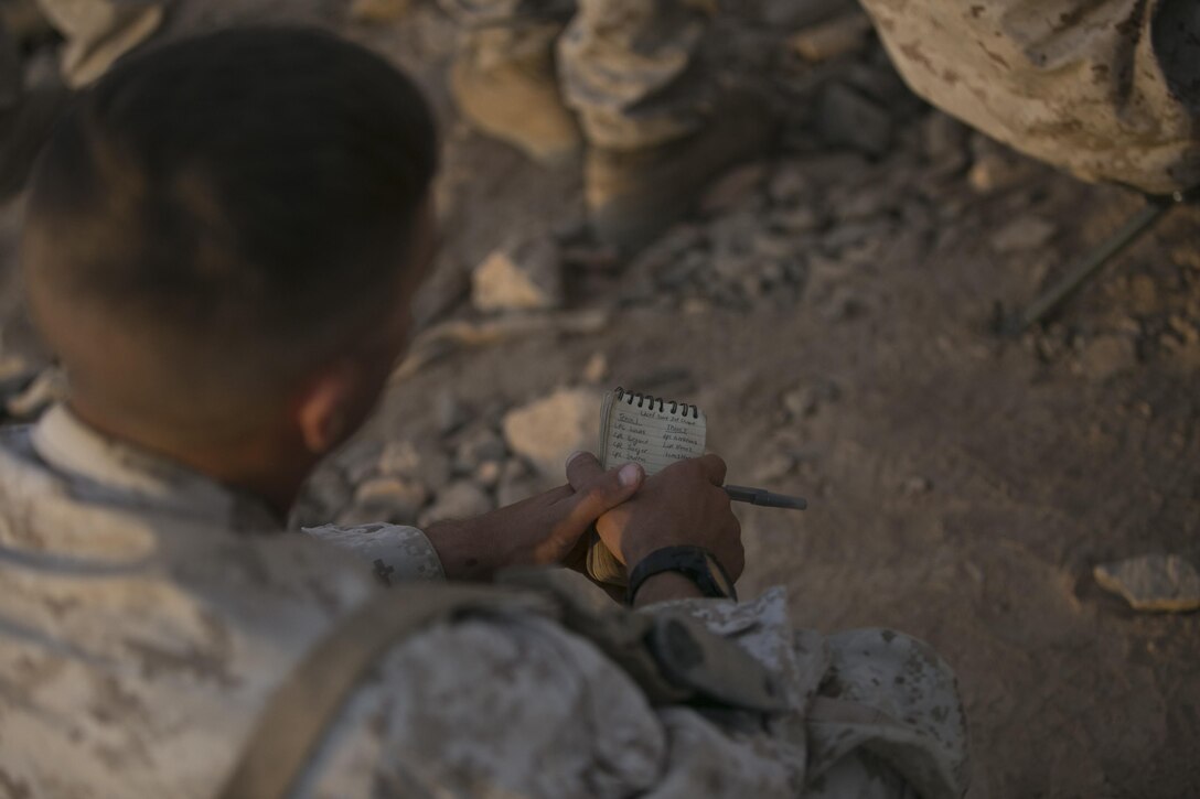 A Marine with 1st Battalion, 7th Marine Regiment, takes notes as the unit is briefed on the scheme of maneuver at Range 400 aboard Marine Corps Air Ground Combat Center, Twentynine Palms, Calif., prior to the unit’s night time combined arms live-fire exercise Nov. 16, 2016. (Official Marine Corps photo by Cpl. Julio McGraw/Released)