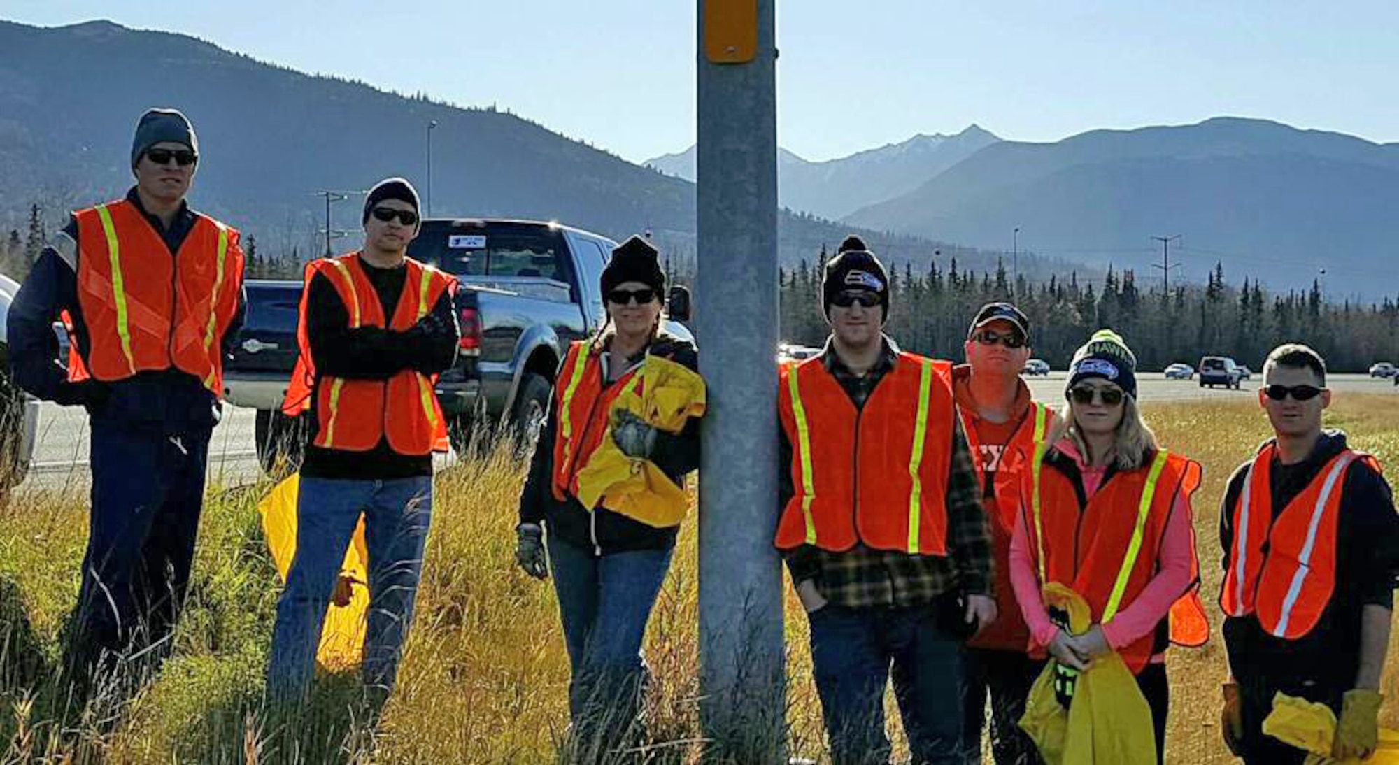 Members of the 477th Aircraft Maintenance Squadron perform clean-up on their adopted highway route in Anchorage, Alaska. 
