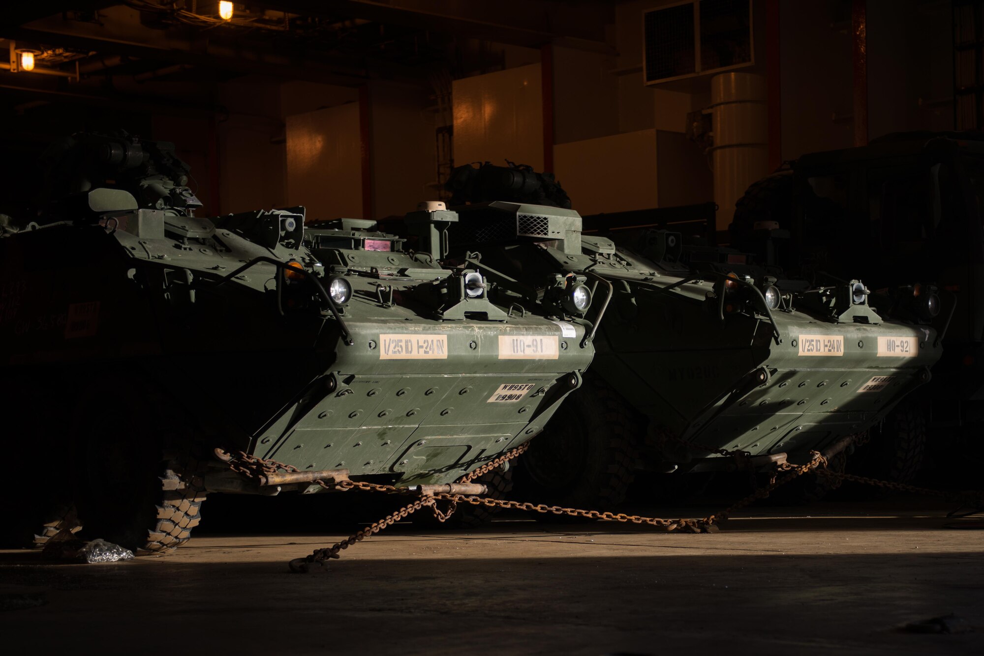 Strykers and Humvees from the 1st Stryker Brigade Combat Team, 25th Infantry Division, U.S. Army Alaska wait on a ship in the port of Anchorage, Alaska, Nov. 22. Several hundred vehicles were shipped to Fort Irwin, California on multiple vessels.
