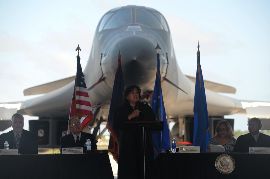 Chief Judge Frances Marie Tydingco-Gatewood of the U.S. District Court of Guam speaks during a naturalization ceremony Nov. 23, 2016, on Andersen Air Force Base, Guam. A naturalization ceremony is the culmination of extensive application procedures, background investigations and successful completion of a citizenship test. (U.S. Air Force photo/Staff Sgt. Benjamin Gonsier)
