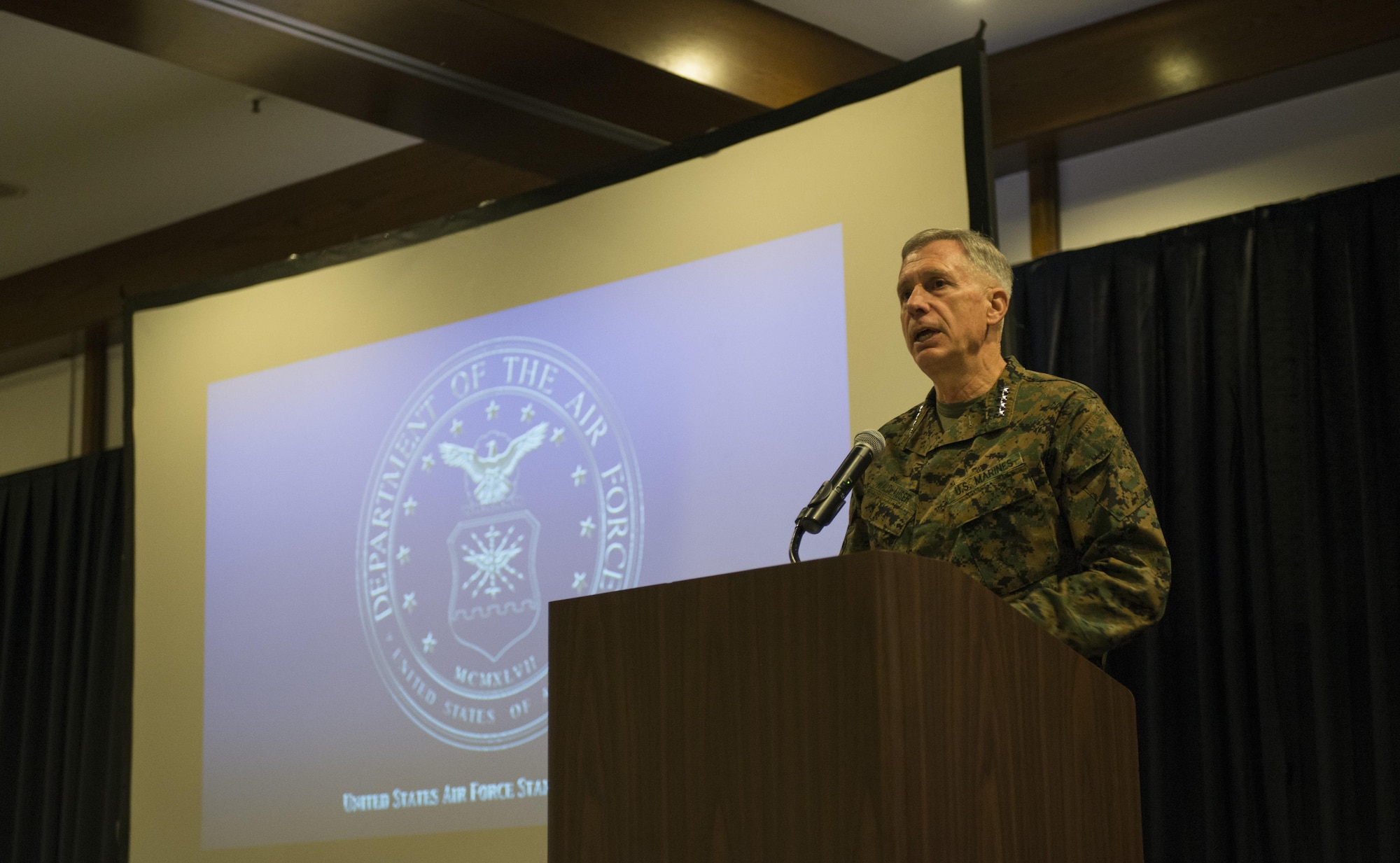 U.S. Marine Corps Gen. Thomas Waldhauser, commander, U.S. Africa Command, gives his opening statement at the annual Regional Synchronization Working Group symposium at Ramstein Air Base, Germany, Nov. 14, 2016. The event is an Africa-focused security cooperation forum with leaders from the Department of State, the Department of Defense, the U.S. Agency for International Development and other personnel to synchronize efforts across the diplomatic, defense and developmental sectors in AFRICOM. (U.S. Air Force photo by Senior Airman Tryphena Mayhugh)