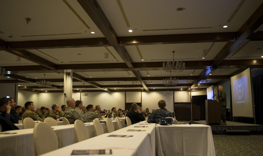 U.S. Marine Corps Gen. Thomas Waldhauser, commander, U.S. Africa Command, speaks during the annual Regional Synchronization Working Group symposium at Ramstein Air Base, Germany, Nov. 14, 2016. Over 275 personnel from the Department of Defense, the Department of State, the U.S. Agency for International Development and other personnel attended the symposium to synchronize efforts across the diplomatic, defense and developmental sectors in AFRICOM. (U.S. Air Force photo by Senior Airman Tryphena Mayhugh)