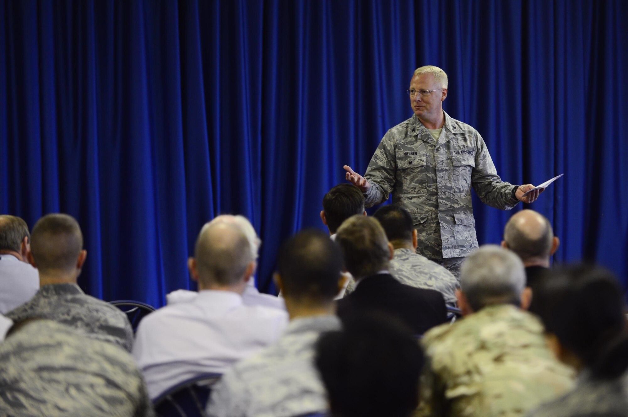 Col. Bradley Nielsen, 48th Medical Group deputy commander, speaks during an emergency management event at Royal Air Force Lakenheath, England, Nov. 17. Representatives from 17 U.K. emergency service organizations, as well as 24 U.S. military first responders, learned about both programs during the meeting. (U.S. Air Force photo/ Senior Airman Malcolm Mayfield)