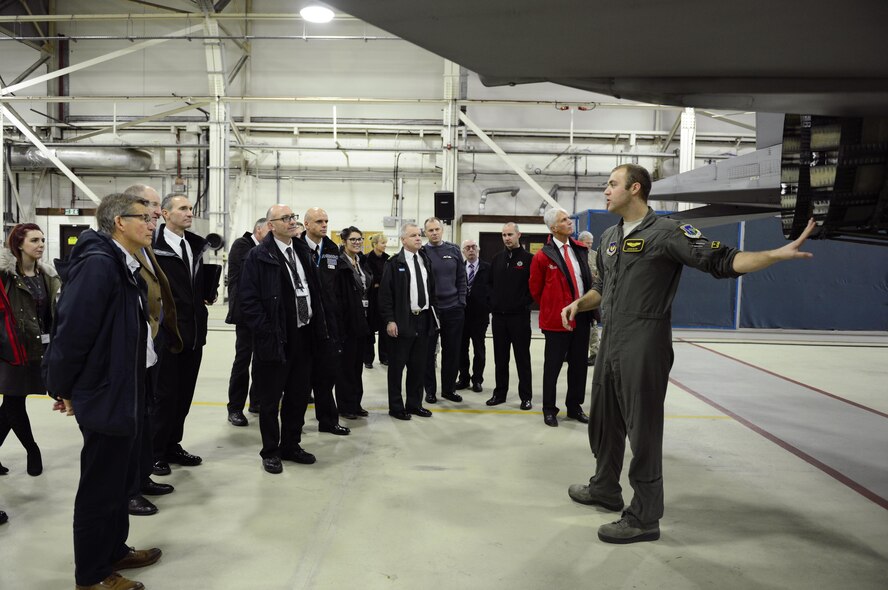 A 493rd Fighter Squadron pilot briefs F-15C Eagle capabilities to U.K. first responders at Royal Air Force Lakenheath, England, Nov. 17. This was the 48th MDG’s first-ever emergency services integration event on RAF Lakenheath. (U.S. Air Force photo/ Senior Airman Malcolm Mayfield)