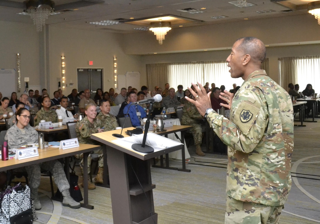 Army Brig. Gen. Charles Hamilton, DLA Troop Support commander, discusses the impact of standardization at the Military Medical Enterprise Standardization Office Training Workshop in Philadelphia Nov. 15. In fiscal 2015, standardization of medical supplies and equipment saved more than $16 million