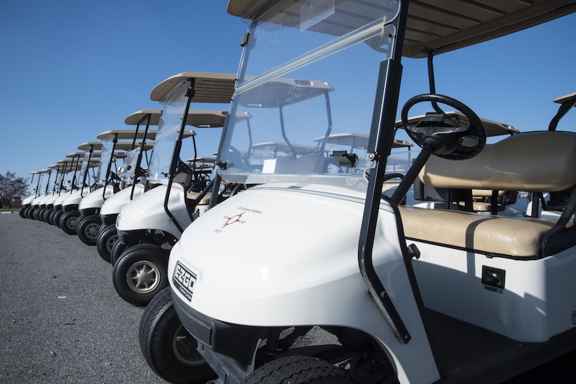 Golf carts line the parking lot of The Courses at Andrews, Nov. 17, 2016, located at Joint Base Andrews, Md. Golf carts are just one of many amenities for use at the golf course including a driving range, locker rooms, gym equipment and a restaurant. At peak times of the year, the course can service up to 600 players and visitors a day. (U.S. Air Force photo by Senior Airman Jordyn Fetter)