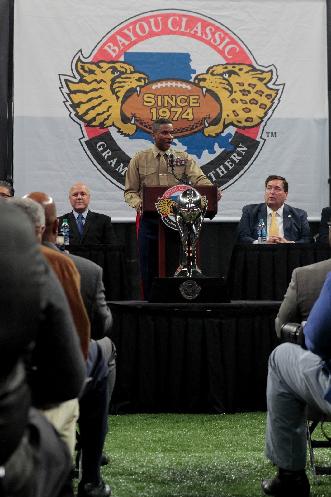 Colonel Ricardo T. Player, chief of staff, U.S. Marine Forces Command, speaks during the 43rd Bayou Classic press conference, Nov. 22, 2016, at the Mercedes-Benz Superdome, New Orleans, Louisiana. The press conference kicked off the annual Bayou Classic, a sporting event U.S. Marines have been a part of for more than 16 years. (Photo by Cpl. John-Paul Imbody/Released)